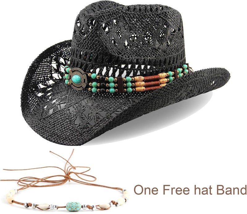 Foeran Men's Women's Straw Cowboy Hat Cowgirl Woven Sun Hat Western Cowboy Hat Two Decorative Bands - Image 4
